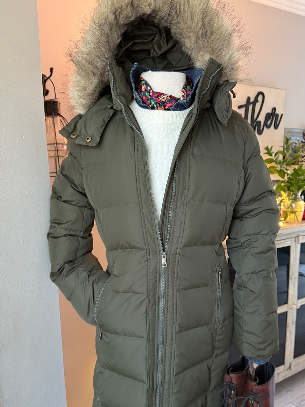 Ralph Lauren Olive Green Quilted Faux-Fur Hooded Puffer